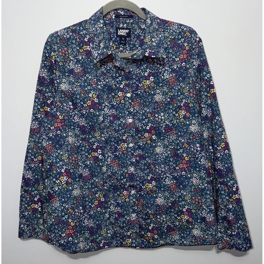 Lands' End Supima Cotton Button Up Shirt Top Sz 14 No-Iron Floral Long Sleeves